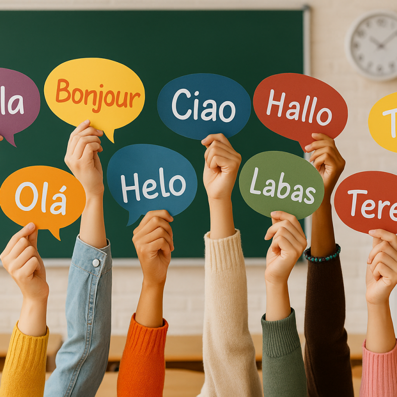 European day of languages. Classroom with speech bubbles saying hello in different European languages.