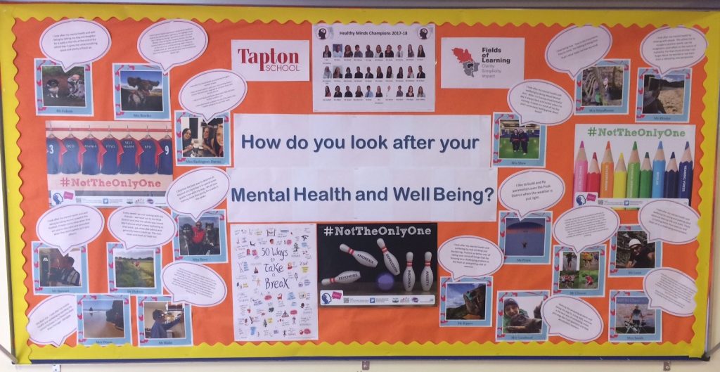 Wellbeing board displaying Mental health tips and help