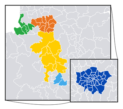 A map showing the different areas LSC operates in. Areas highlighted in green, orange, yellow, light blue and dark blue to include: Liverpool, Greater Manchester, Staffordshire and Cheshire East, Birmingham and Greater London