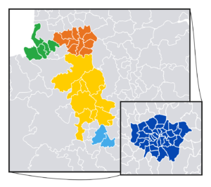 A map showing the different areas LSC operates in. Areas highlighted in green, orange, yellow, light blue and dark blue to include: Liverpool, Greater Manchester, Staffordshire and Cheshire East, Birmingham and Greater London